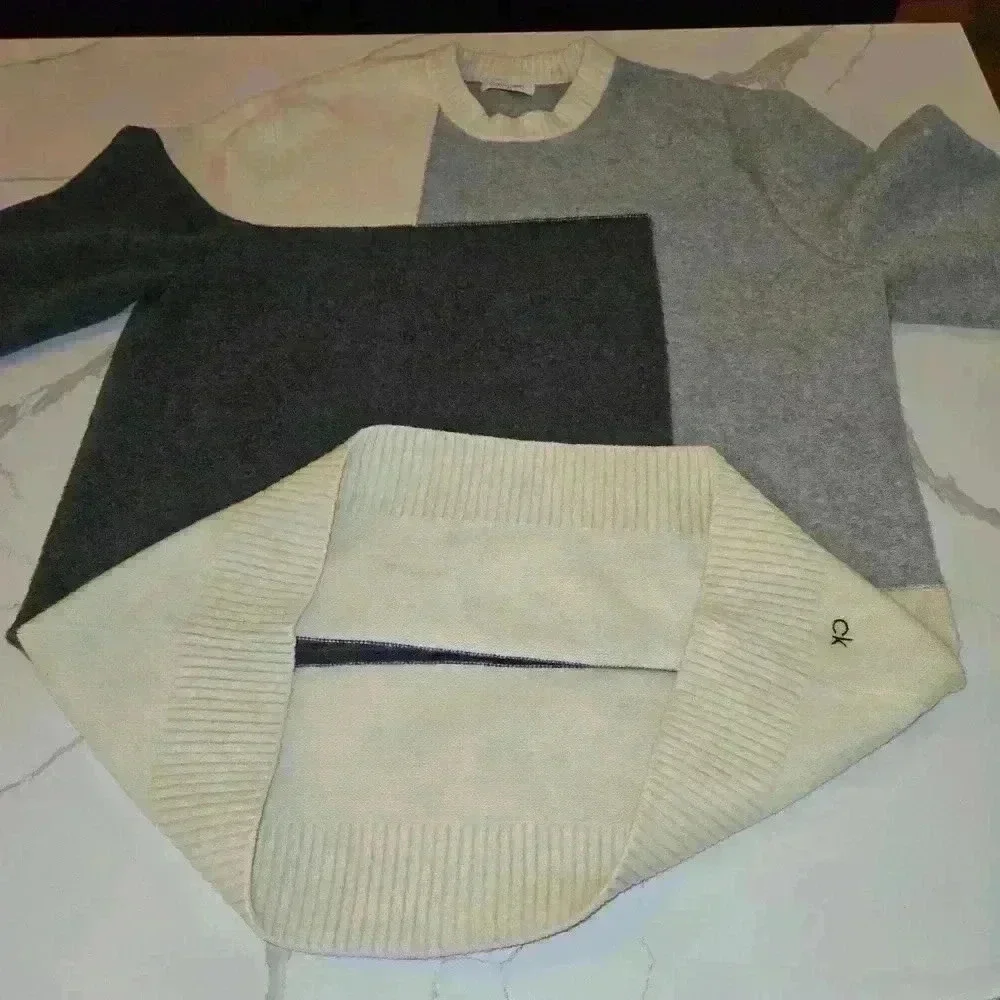 Calvin Klein Mens Relaxed Fit Color Block Crewneck Sweater Black Gray Size 2X